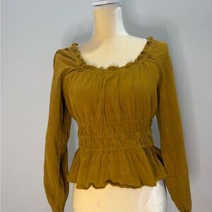 Madewell Gold Smocked Ruffled Peplum Blouse